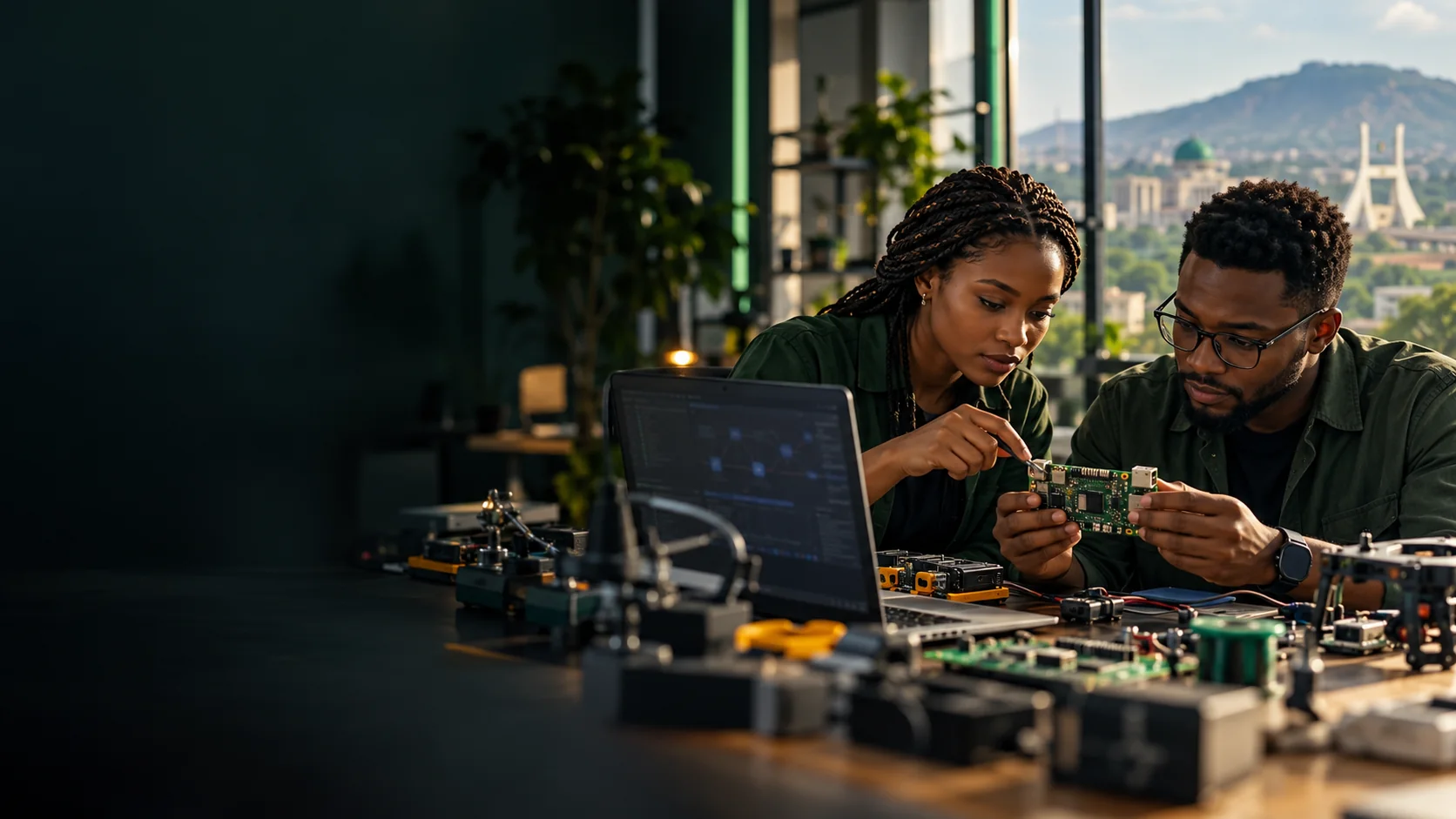 African engineers working on electronics