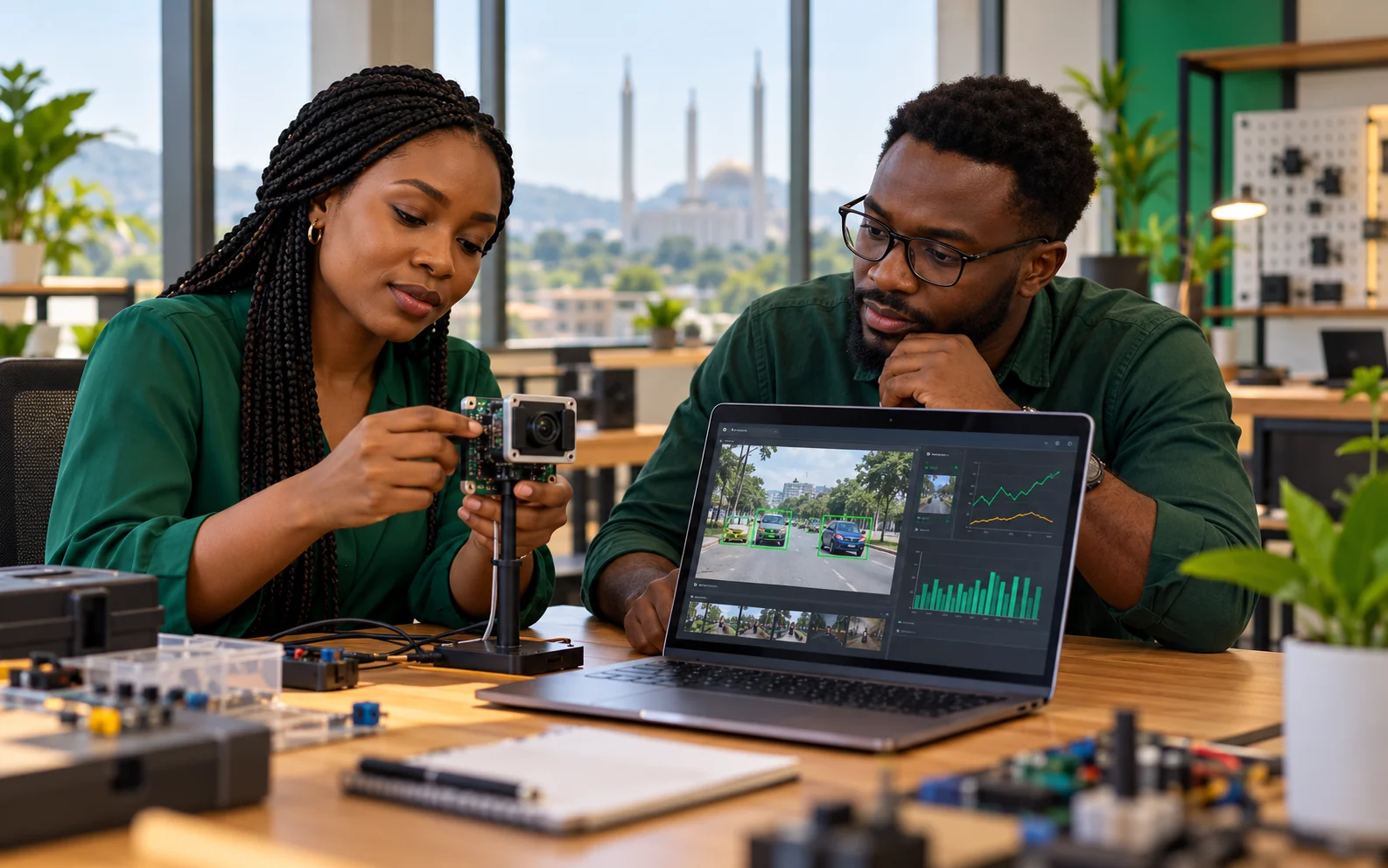 Illustration of African engineers testing a connected camera device