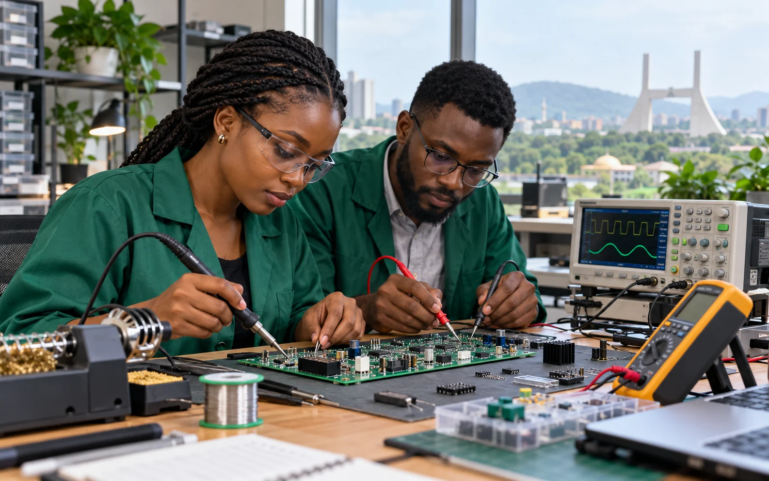 Illustration of African electronics engineers testing a circuit board