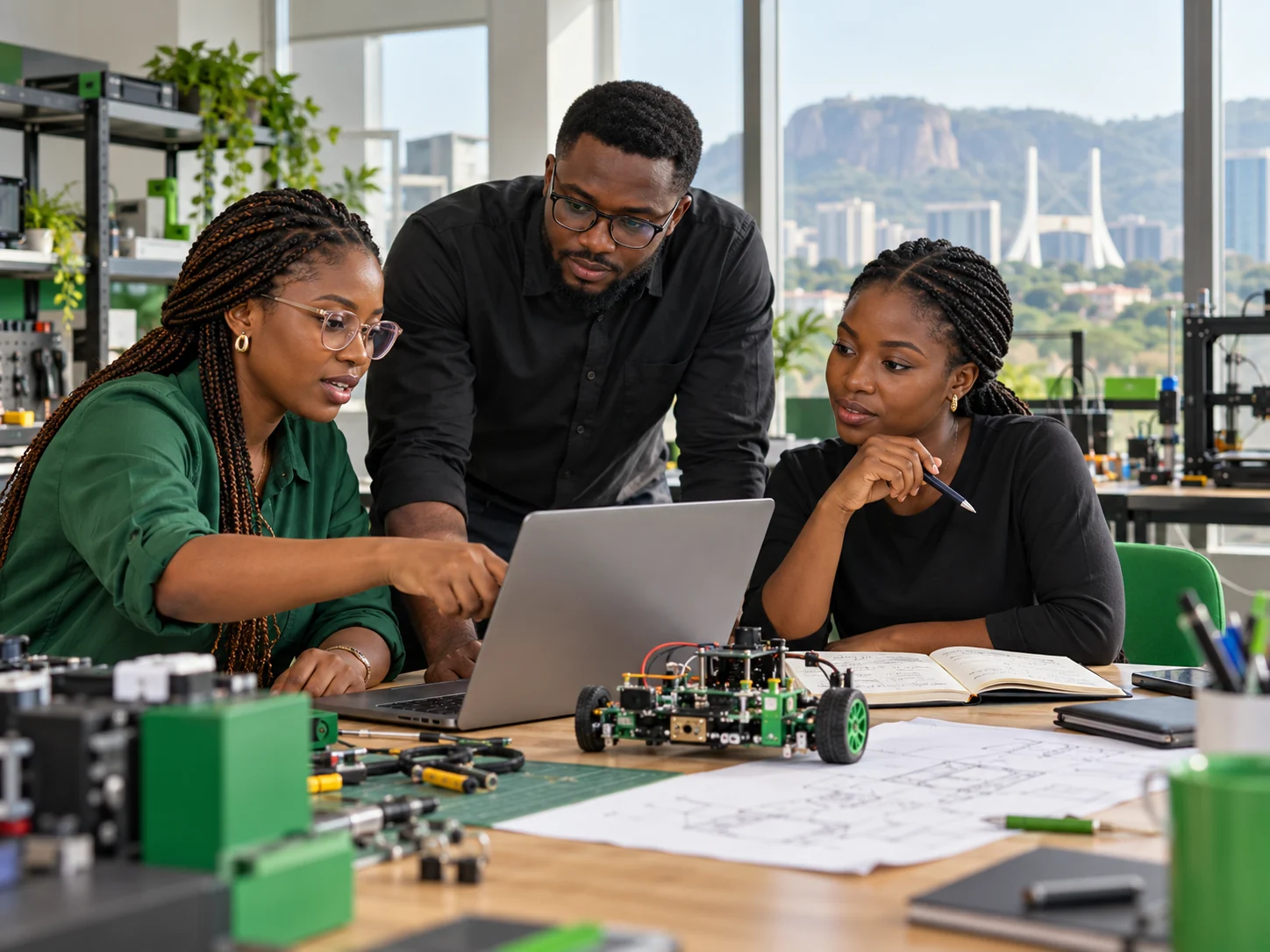 Illustration of African engineers collaborating on software and electronics